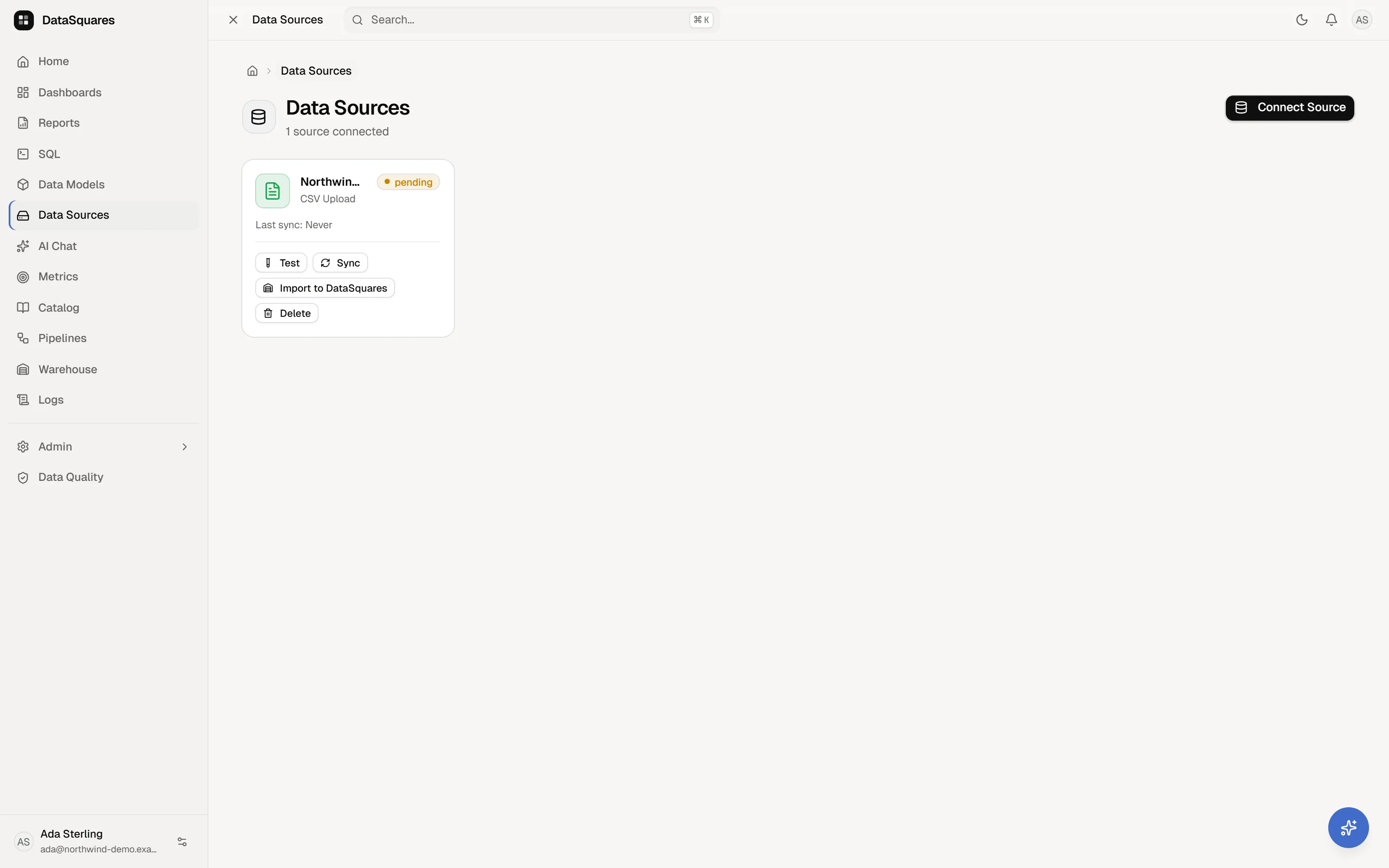 The Data Sources page listing connected sources with their type and status.