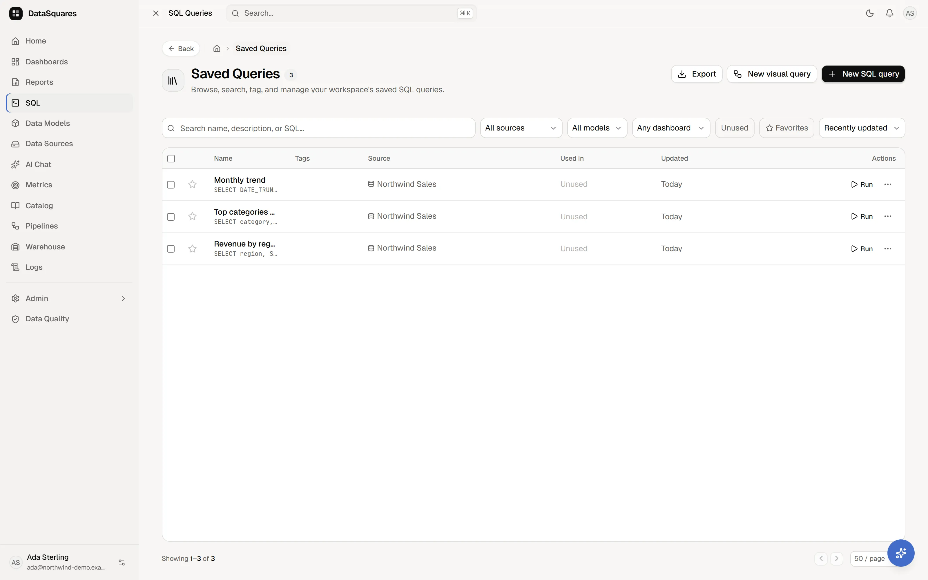 The Saved Queries library: each entry with its SQL preview, source, where it is used, and a Run action.