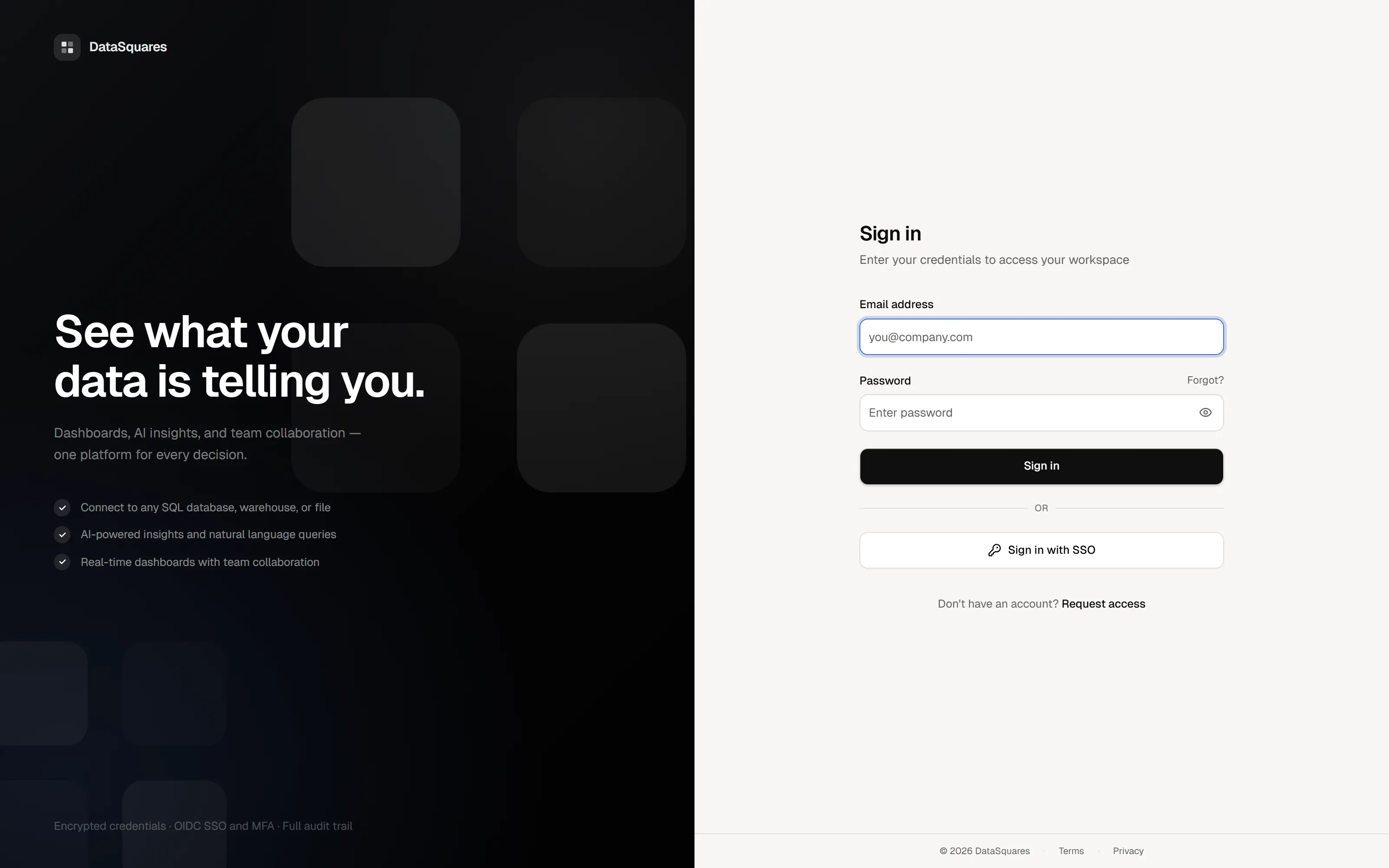 The DataSquares sign-in screen.