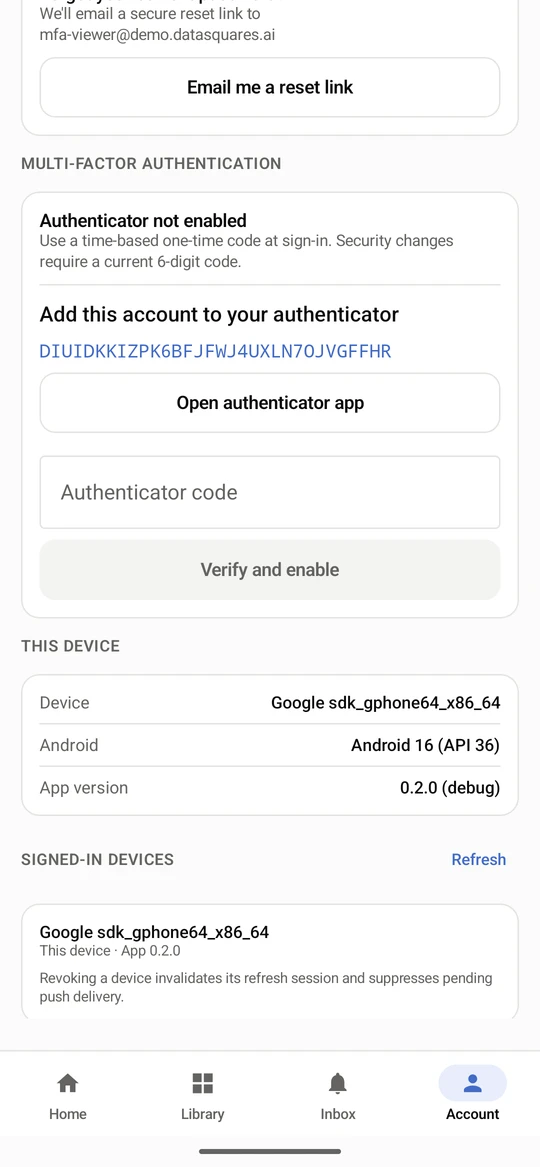 The app shows the key for this account. Type it into an authenticator app on this or another device, or choose Open authenticator app. The app then shows a 6-digit code that changes every 30 seconds.