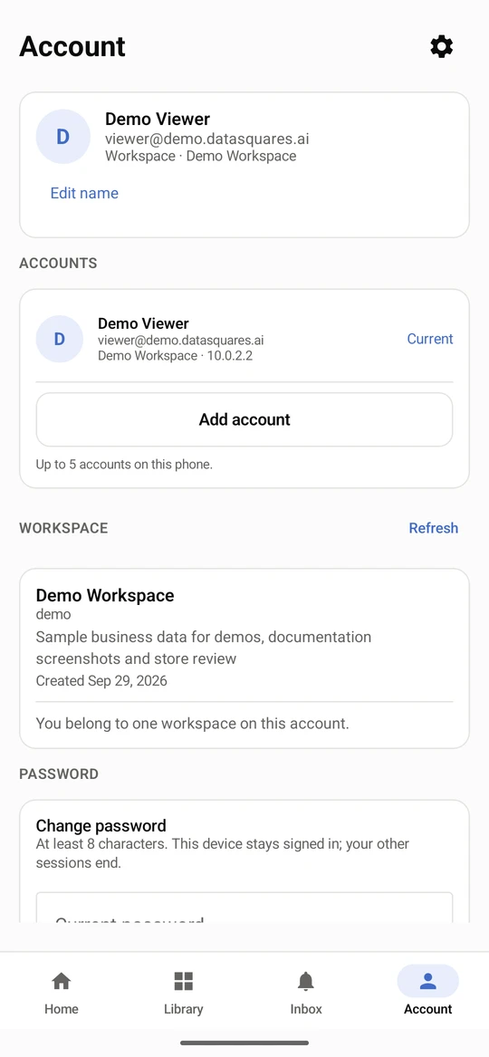 The Account tab shows who you are signed in as, the accounts on this phone and your workspace. Edit name changes how you appear.