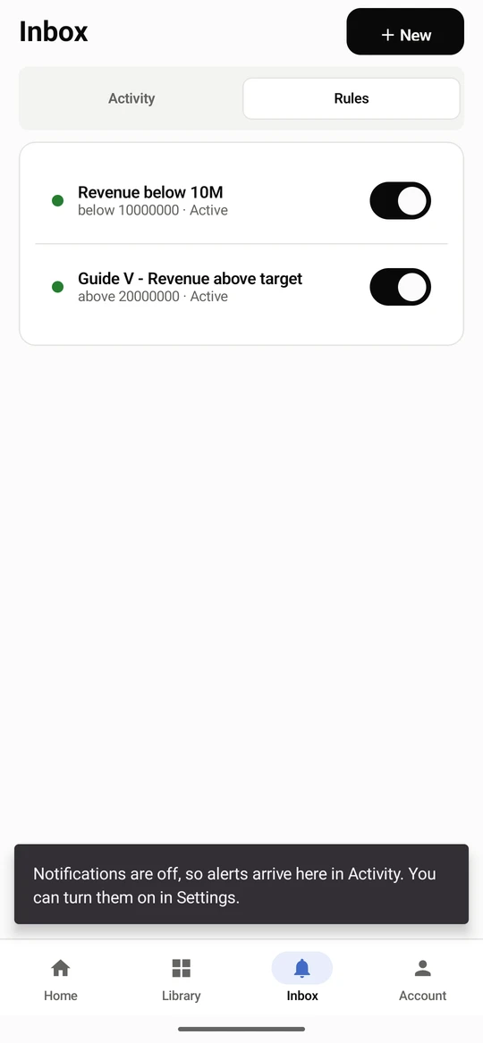 The new rule appears under Rules, active. Use the switch to pause or resume it, or tap it for its details.