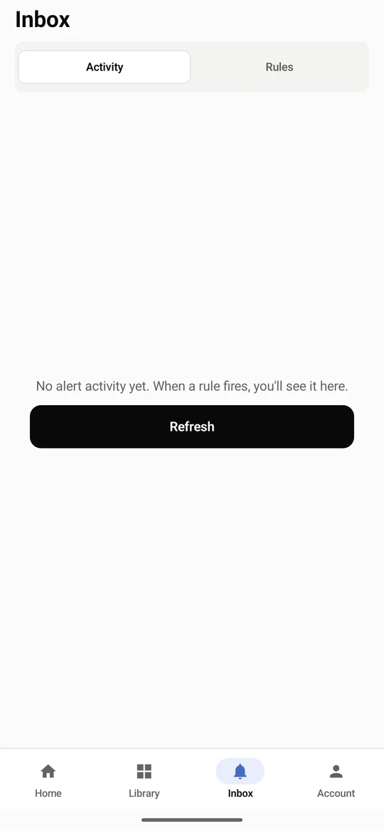 The Inbox starts on Activity: what your alerts have sent. It says so when nothing has fired yet.