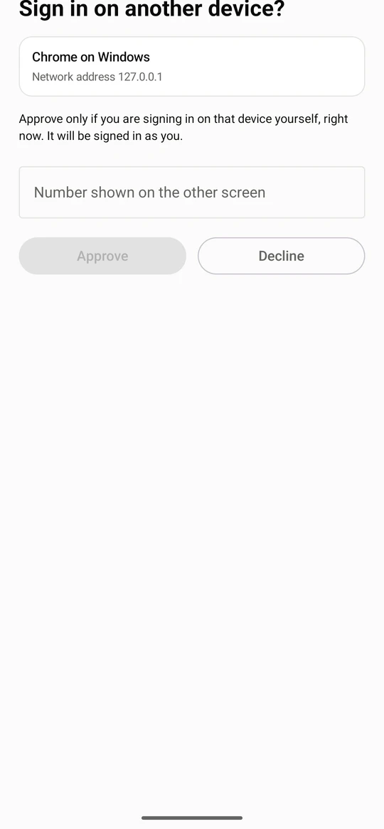 On the sign-in page of a browser, choose Sign in with your phone. It shows a QR code and a two-digit number. Scan the code with the app, or open its link: the app asks Sign in on another device? and says which network address is asking.