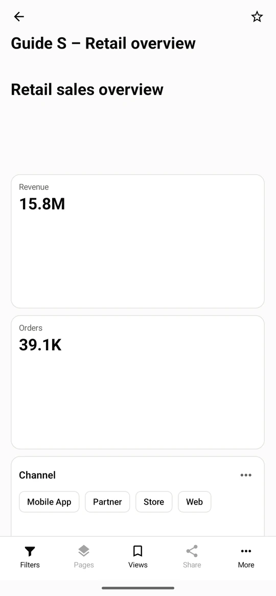 A dashboard with a slicer shows its choices in a card. Filters in the action bar is available.