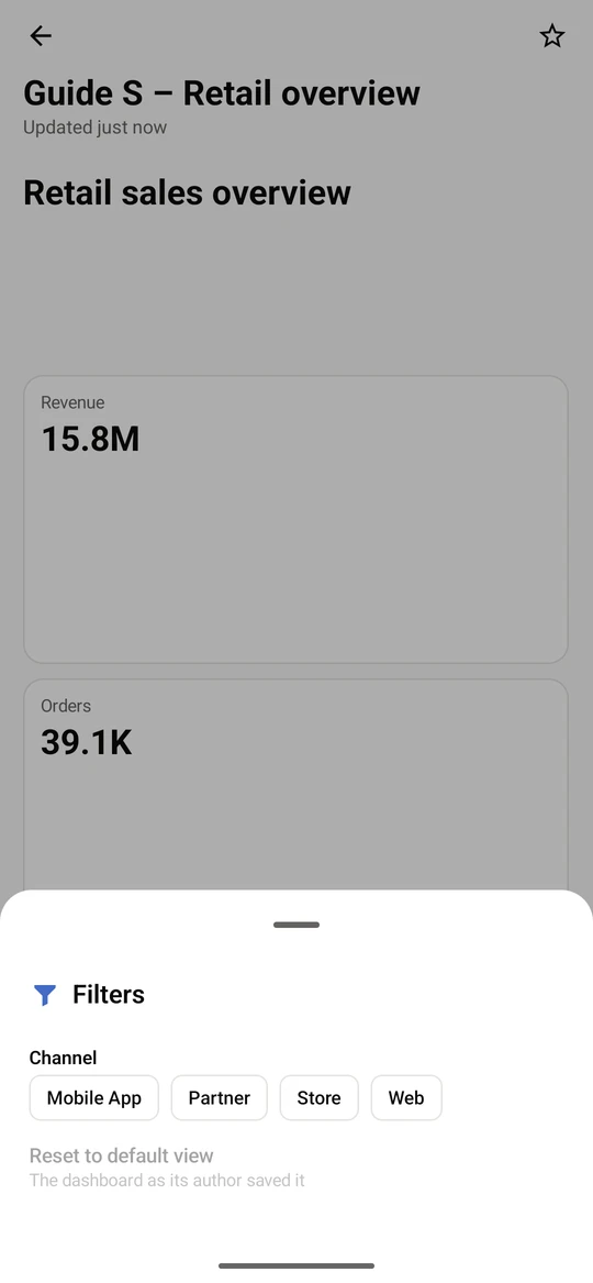 Filters opens a sheet with one row per filter. Pick a value, for example Store under Channel.