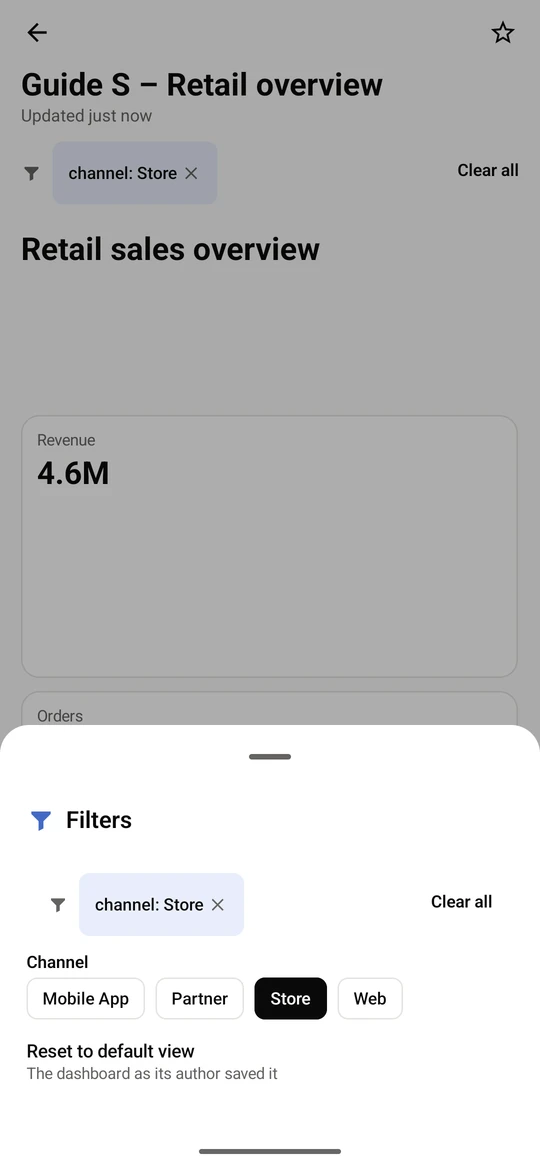 The sheet lists what you filtered by, with Clear all. Reset to default view returns to the dashboard as its author saved it.