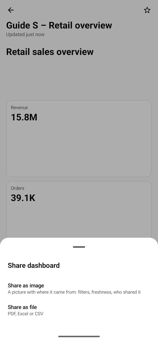 Share in the action bar opens the share sheet: Share as image or Share as file. What you see depends on what your role may share and export.