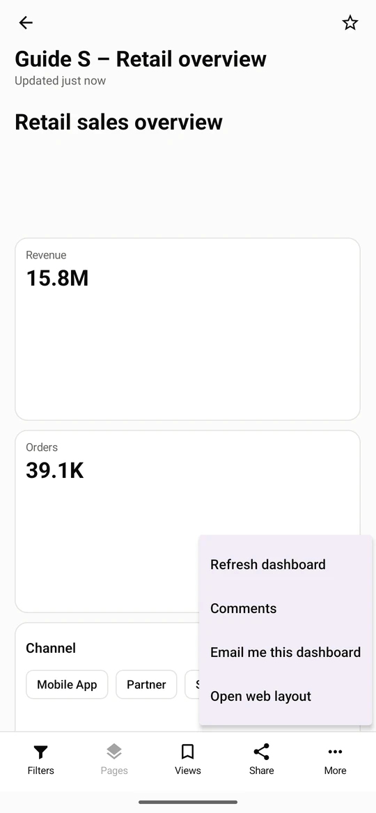 More offers Refresh dashboard, Comments, Email me this dashboard and Open web layout.