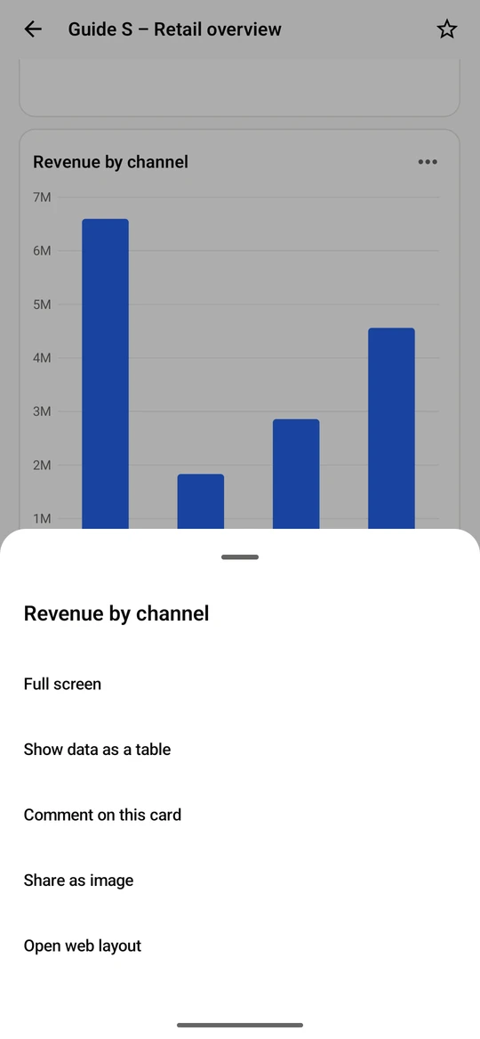 Every card has an actions button. Full screen opens the card alone, Show data as a table lists what it plots, Comment on this card starts a comment and Open web layout shows the dashboard as it looks on the web.