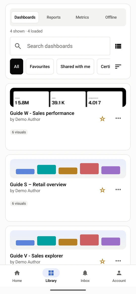 Open the Library tab. The segments switch between Dashboards, Reports, Metrics and Offline.