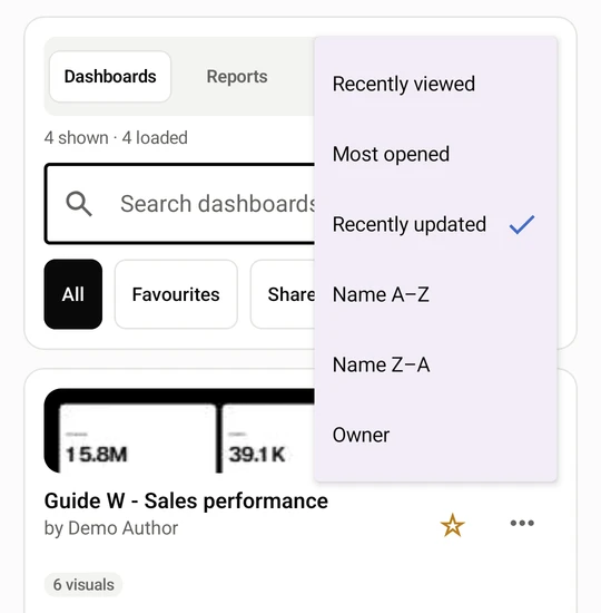 The sort button offers Recently viewed, Most opened, Recently updated, Name A-Z, Name Z-A and Owner.