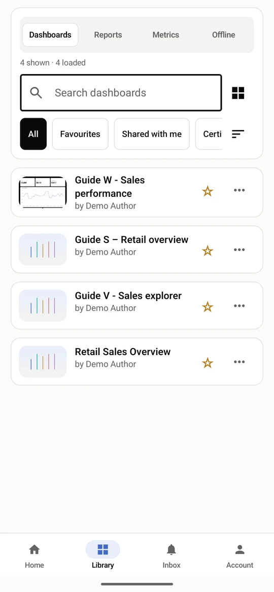 Switch between cards and a compact list with the view button beside the search box.