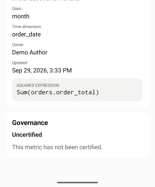 Further down are the grain, the time dimension, the owner, the metric expression and the Governance status (Certified or not).