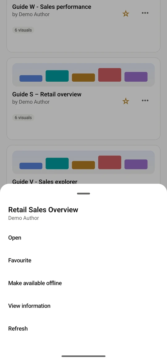 Open a dashboard's More options menu in the Library and choose Make available offline.