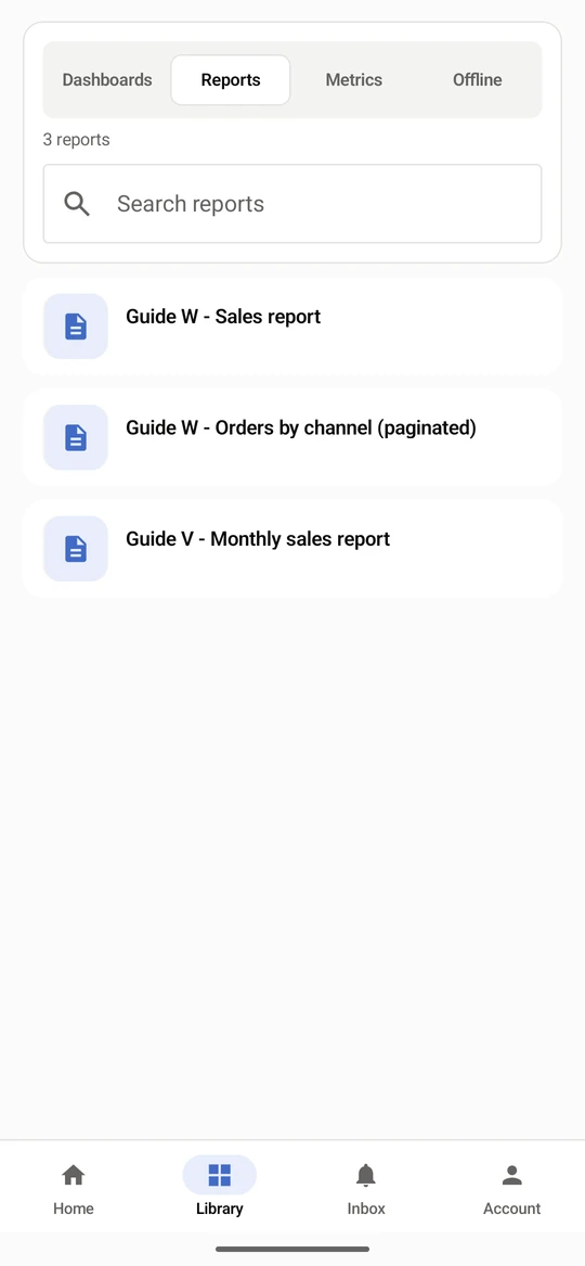 Open Library, then Reports. Search by name; each row says whether it is a report or a paginated report.
