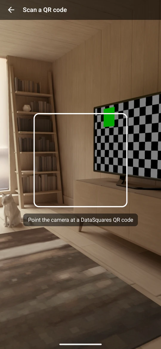 Point the camera at a DataSquares QR code; the dashboard opens. (The emulator shows its virtual scene, so nothing is scanned here.)