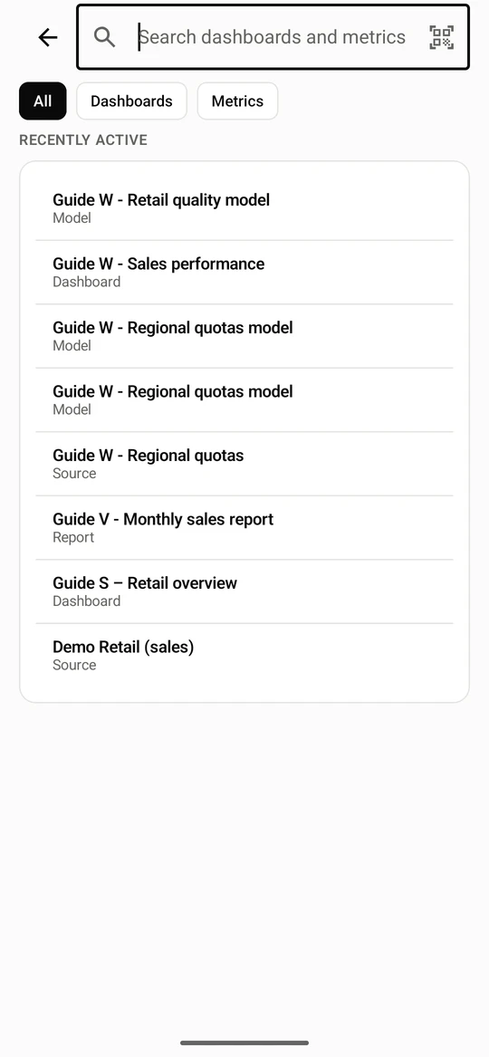 Search opens with Recently active items, filtered by All, Dashboards or Metrics.