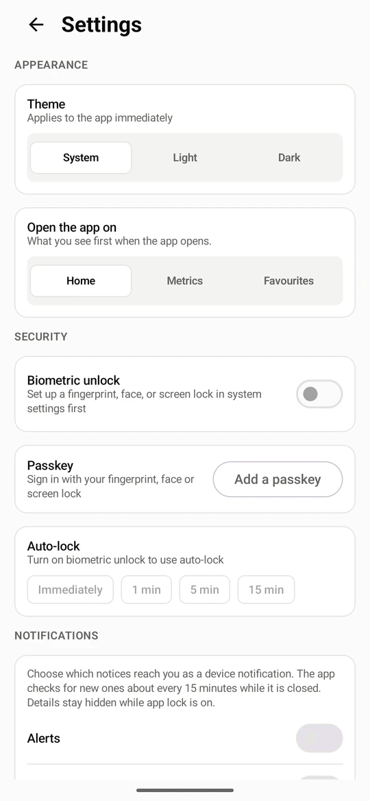 Open Settings from Account. Choose a Theme (System, Light or Dark) and the page the app opens on.