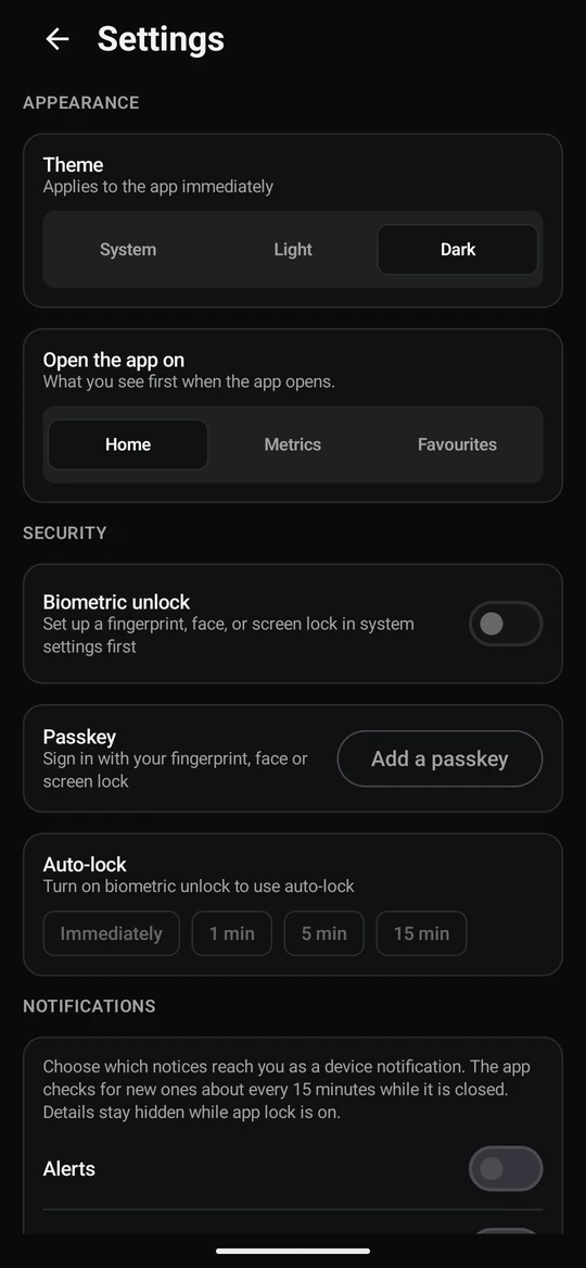 Choosing Dark switches the whole app at once. Choose System to follow the phone again.