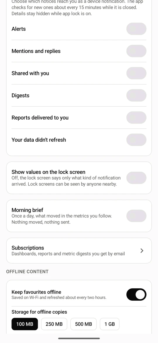 Security sets biometric unlock, a passkey and the Auto-lock delay. Notifications picks which notices reach the device.