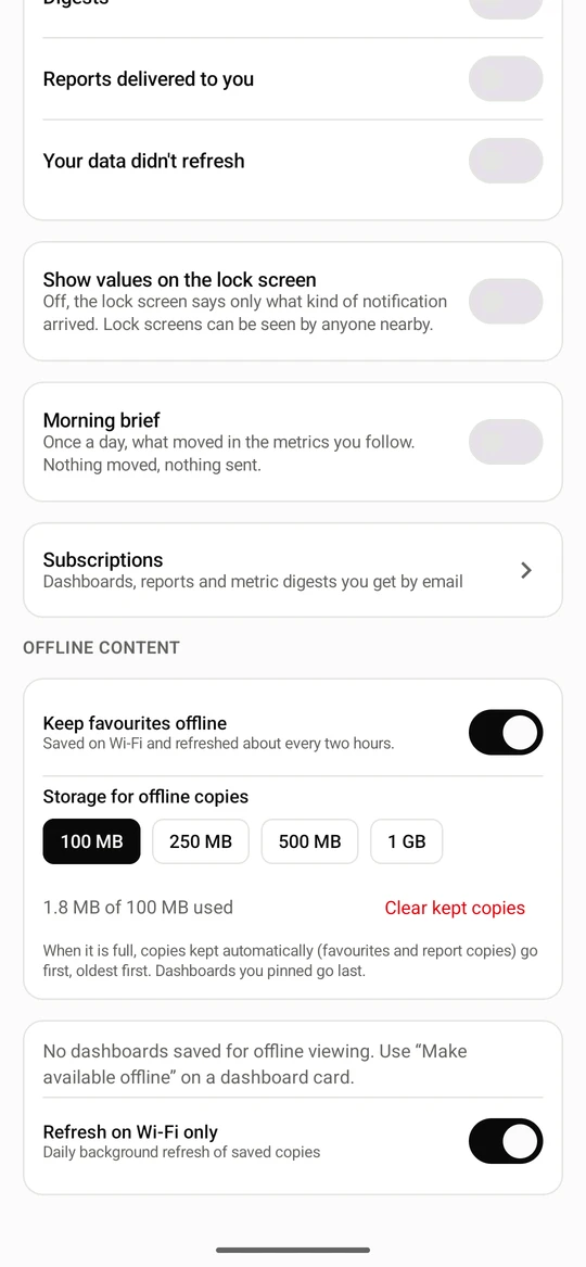 Offline content shows the storage used by saved copies, with Clear kept copies; Morning brief sets the daily digest.