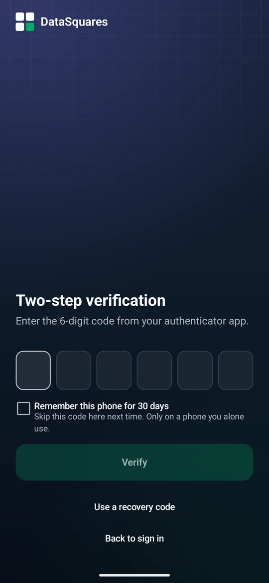 When your account uses two-step verification, sign-in continues with Two-step verification. Enter the 6-digit code from your authenticator app. Remember this phone for 30 days skips this step here next time; use it only on a phone you alone use.