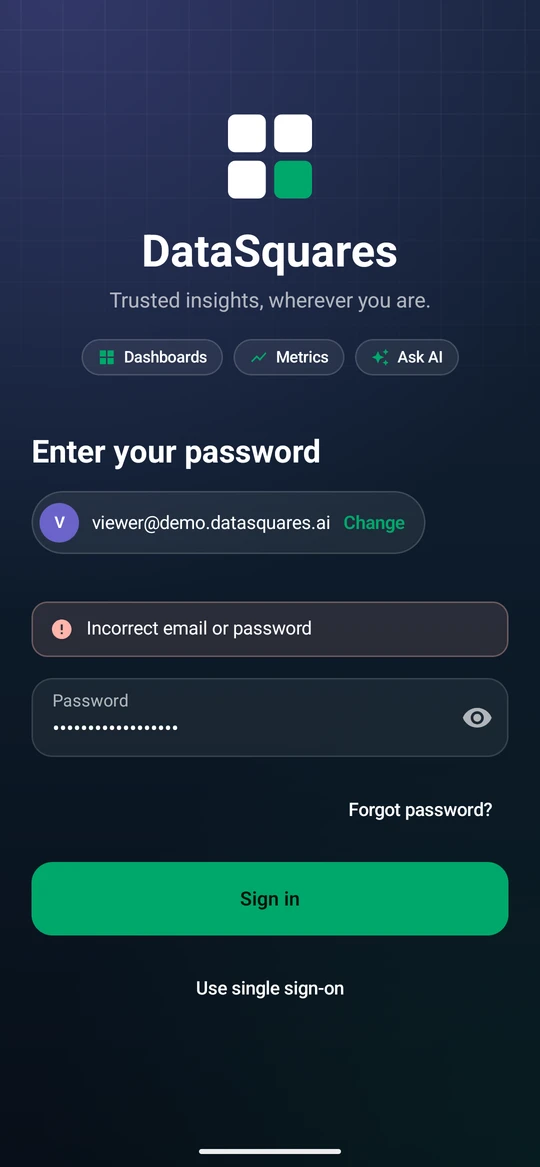 A wrong password shows an inline error. Correct it and select Sign in again.