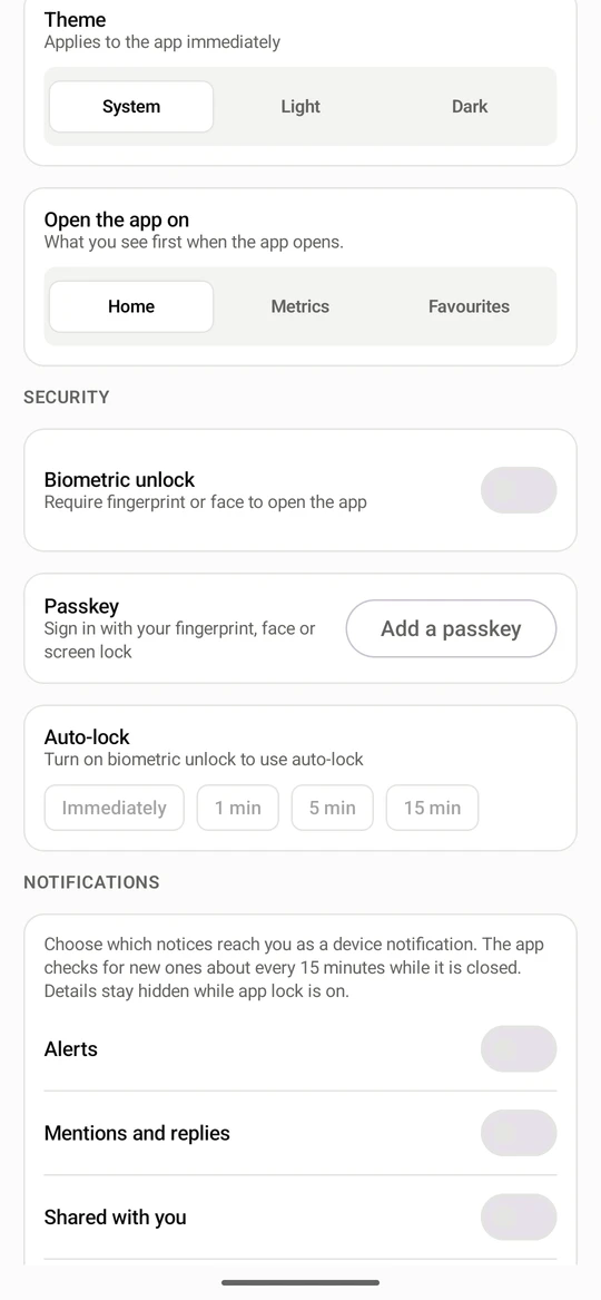 Open Settings from Account. Under Security, Biometric unlock is off, so the app opens straight to your content.