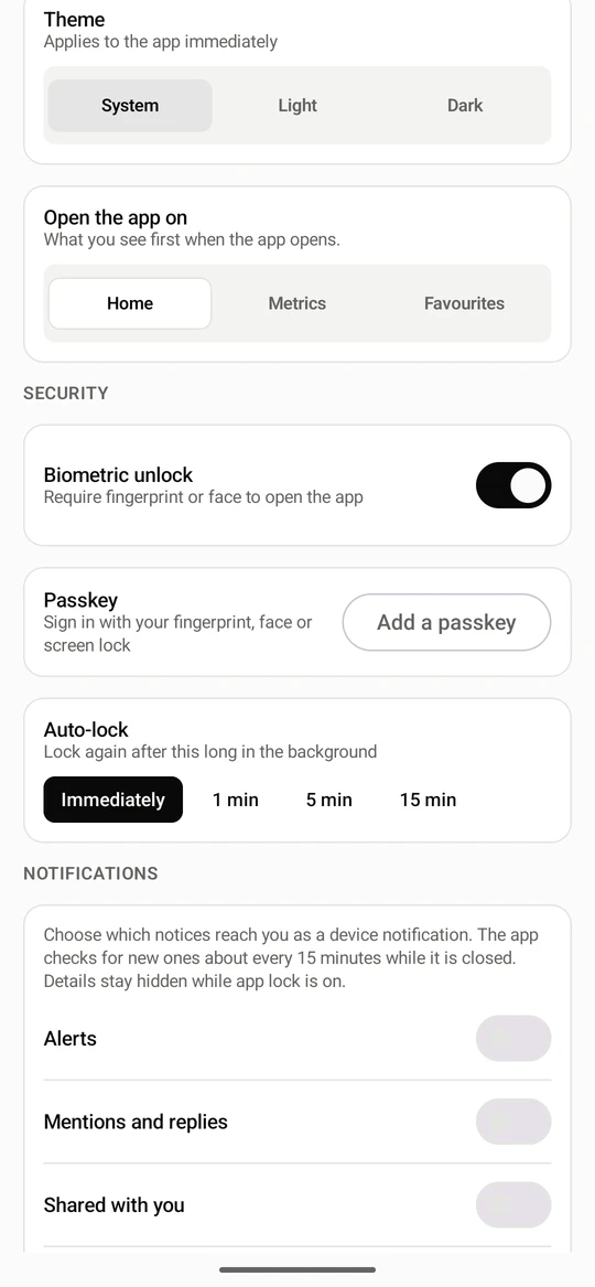 Turn on Biometric unlock. The phone first asks you to prove it is you, with your fingerprint, your face or your screen lock. Auto-lock sets how long the app can stay in the background before it locks again.
