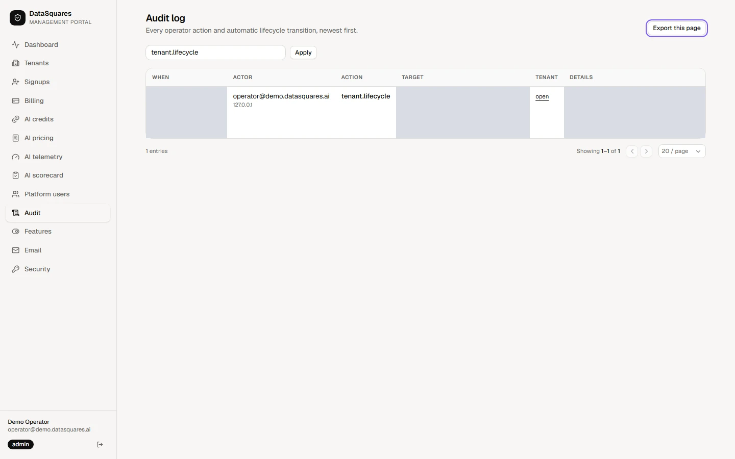 Export this page, at the top right, downloads the entries on screen as a CSV file for your records.