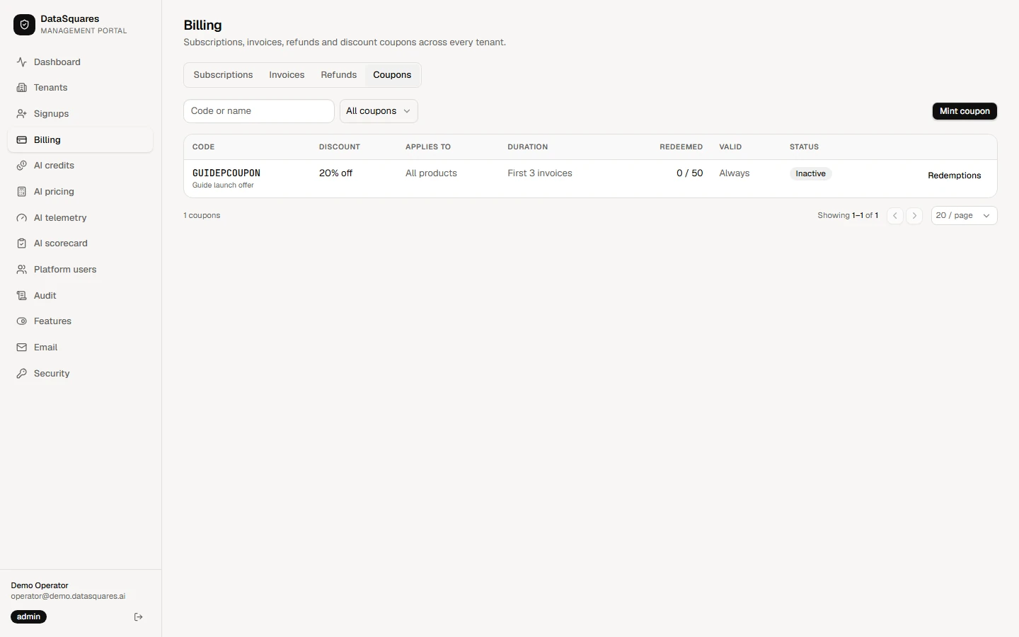 The coupon now shows as inactive. Use the status filter to list Active or Inactive coupons.