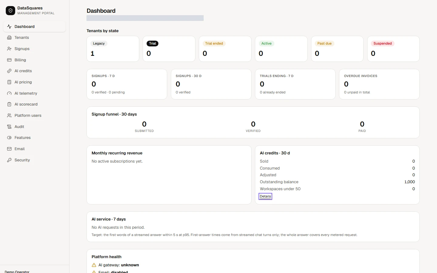 Monthly recurring revenue and AI credits (sold, consumed, adjusted and still outstanding) sit side by side. Choose Details to go to that section.
