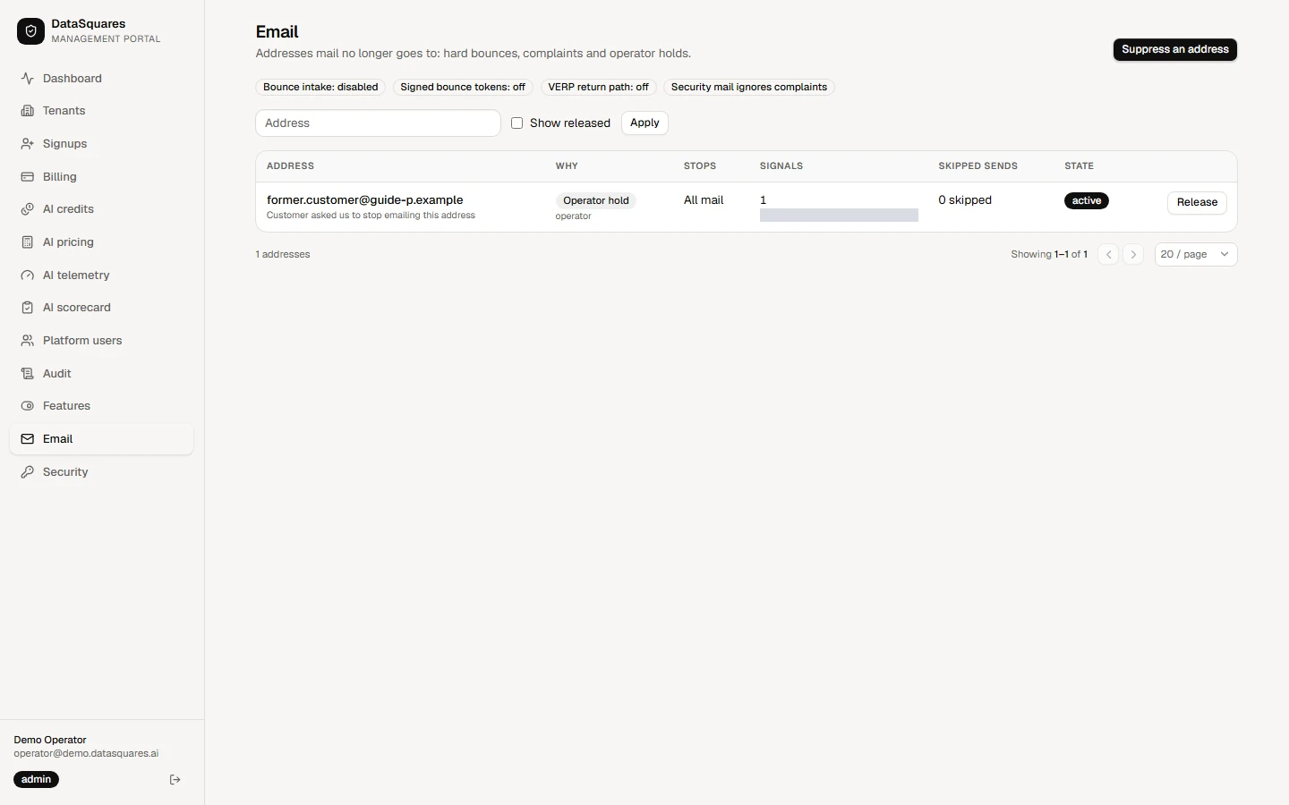 The address is listed as active with the reason Operator hold and a count of skipped sends.