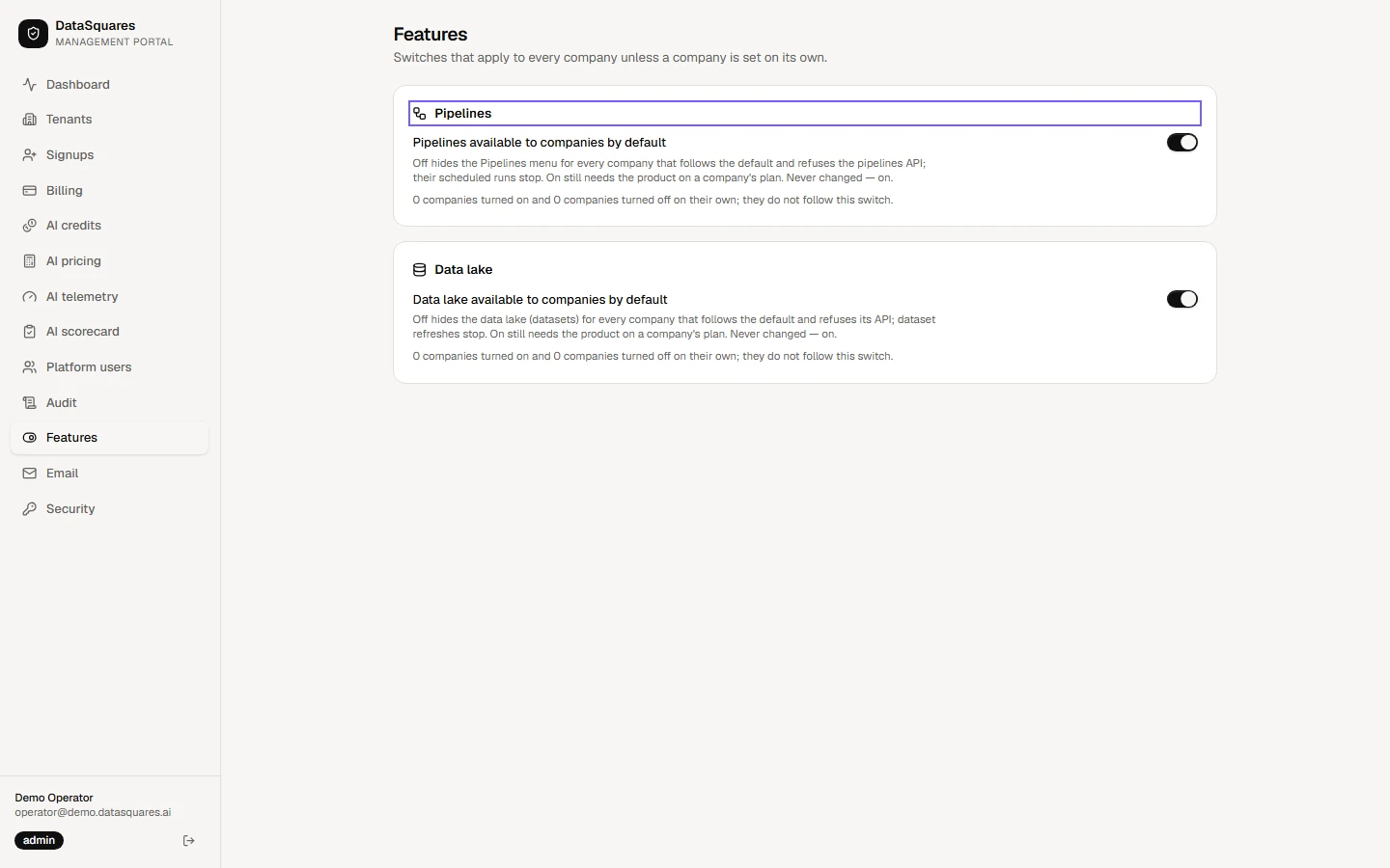 Choose Features in the sidebar. Each switch sets a product for every company that follows the platform default. Under it, the page counts the companies that have been set on their own.
