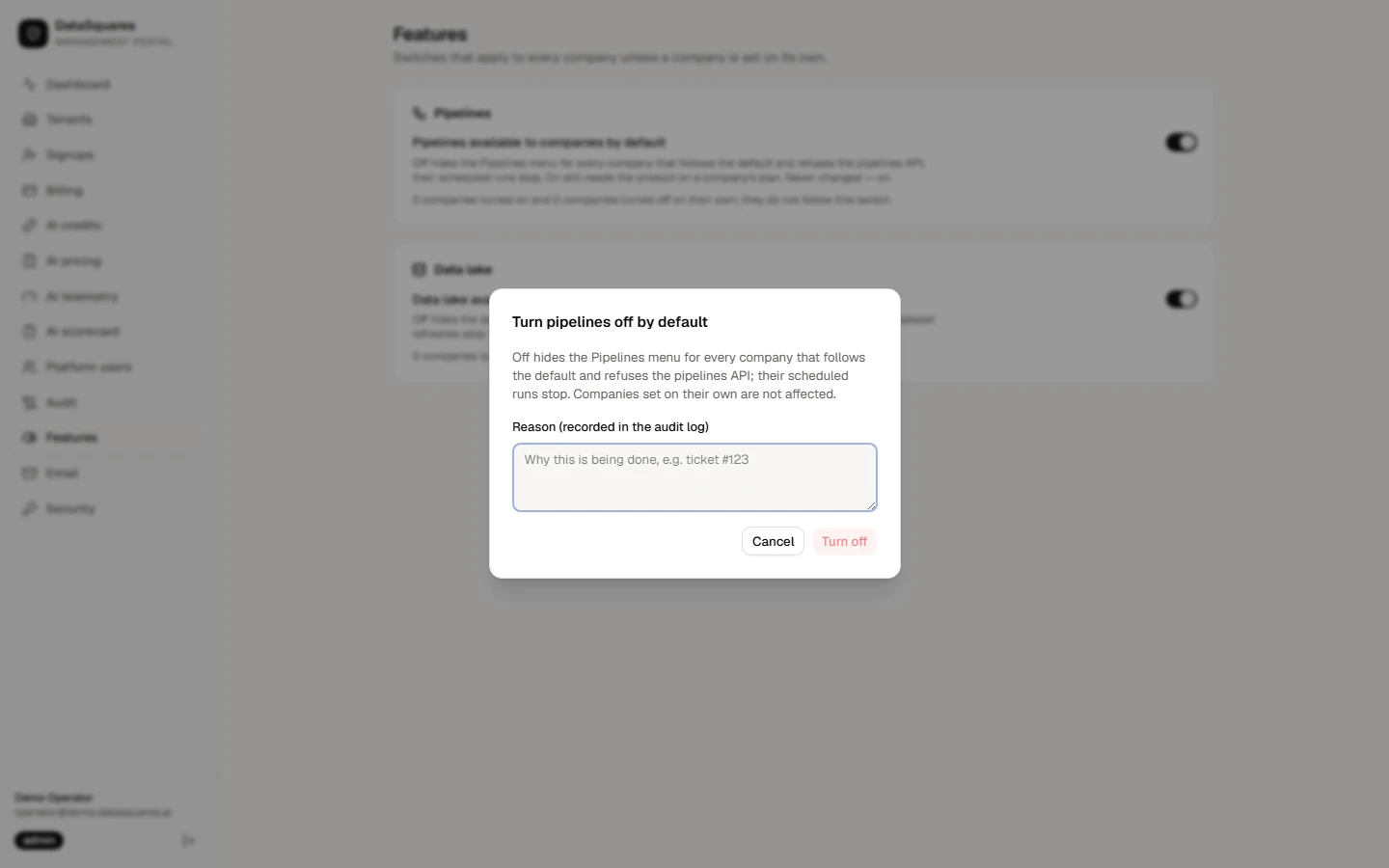 Flipping a switch asks you to confirm, because it applies to every company that follows the default. Turning Pipelines off hides the menu and stops scheduled runs. Cancel here to leave it on.