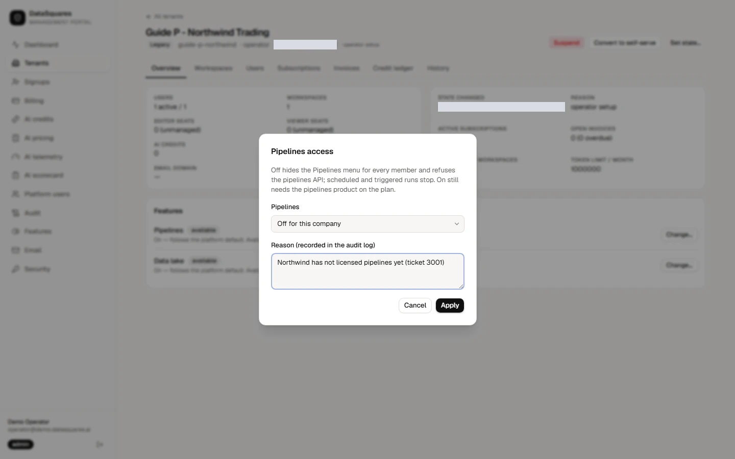 To set one company on its own, open the tenant and choose Change beside the product. Follow the platform default, turn it on or off for this company only, and give a reason.