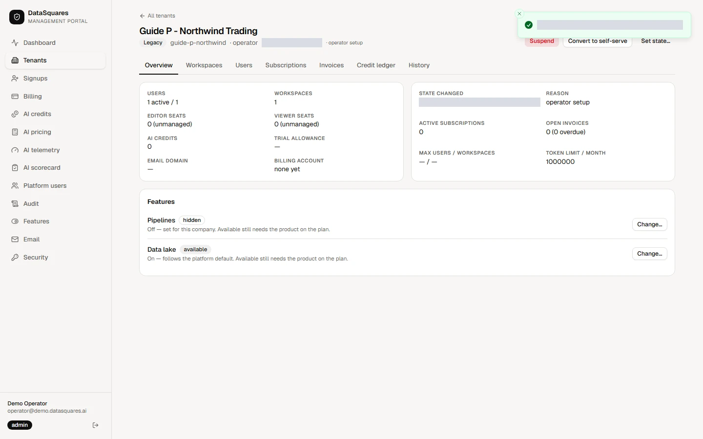 The tenant now shows the product as hidden for this company. The company count on the Features page goes up by one, and the change is recorded in the audit log.