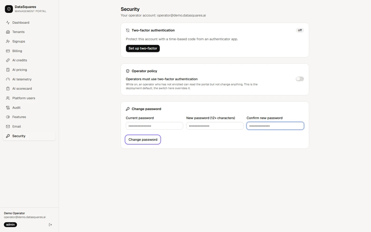 Change password: enter your current password, then the new one twice. It must be at least 12 characters. Choose Change password to save it.