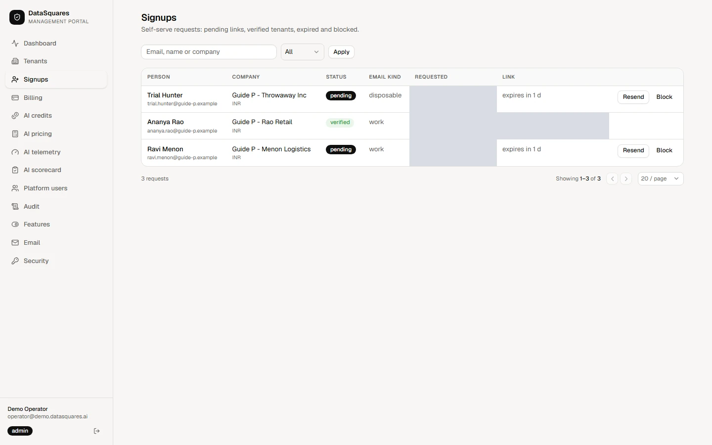 Choose Signups in the sidebar. Every self-serve request is listed with the person, their company, whether the email is a work, personal or disposable address, and its status.