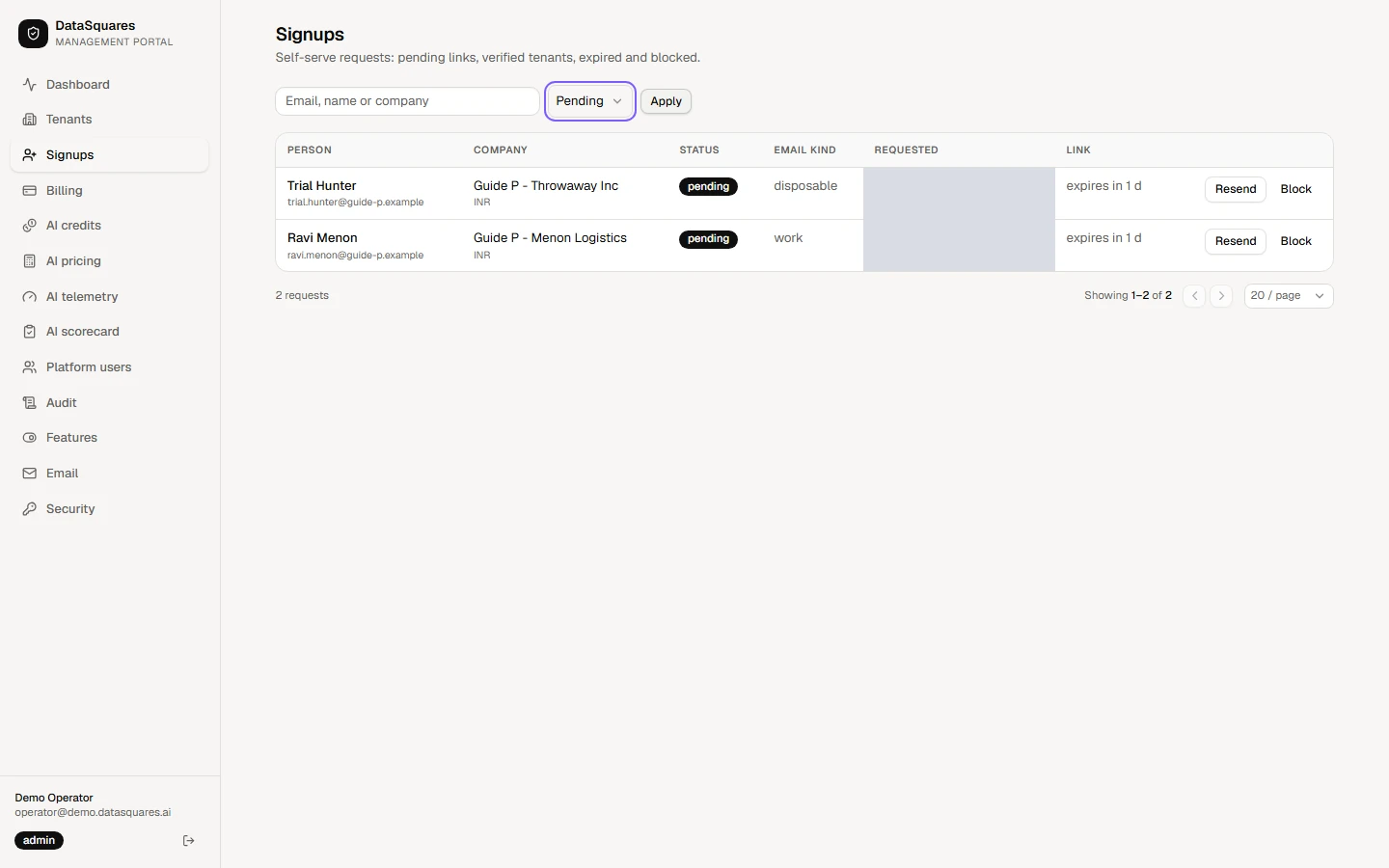 Filter by status (All, Pending, Verified, Expired or Blocked), or search by email, name or company, then choose Apply. Resend sends a pending person a fresh verification link.