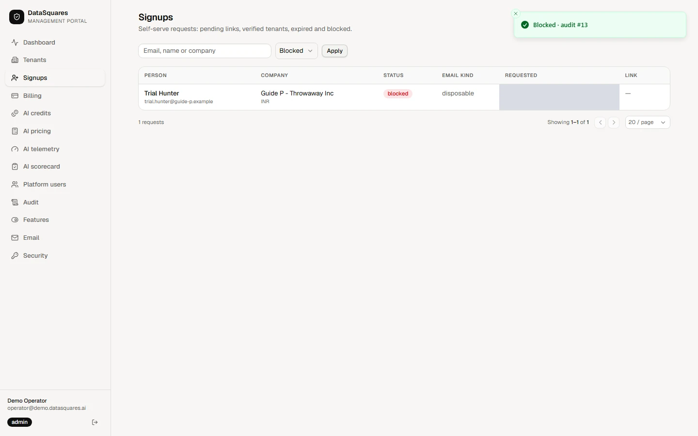 The request now shows as Blocked. Choose Blocked in the status filter to see everything you have blocked.