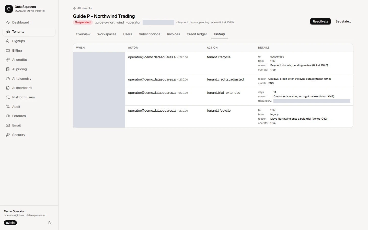 Every action lands in the tenant's History tab and in the portal Audit log, with who did it and the reason they gave.