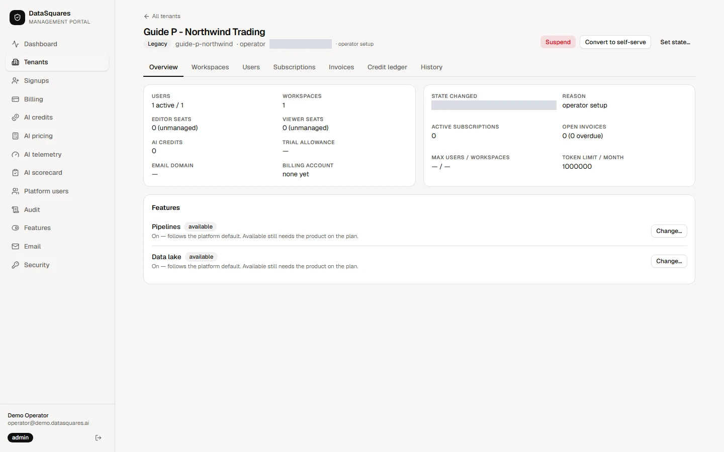 Open a tenant from the Tenants list. The header shows its lifecycle state and the actions you may take. The tabs under it hold the detail: Overview covers users, workspaces, seats, AI credits, the billing account and the product switches.
