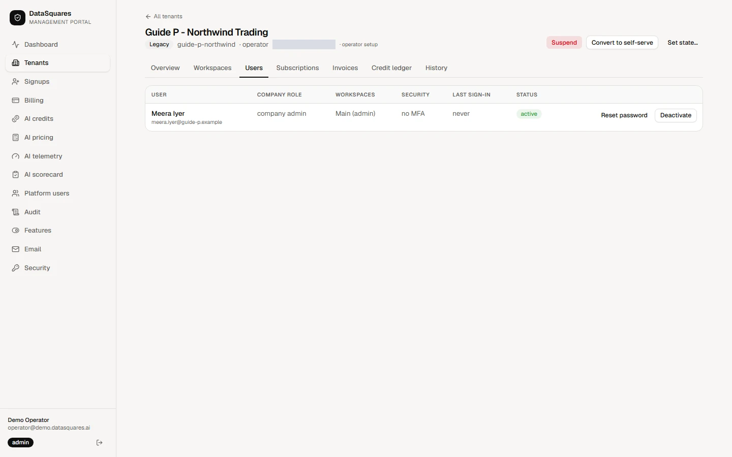 Users lists the tenant's members. Choose Reset password beside a member to send them a reset link, or deactivate a member who should no longer sign in.