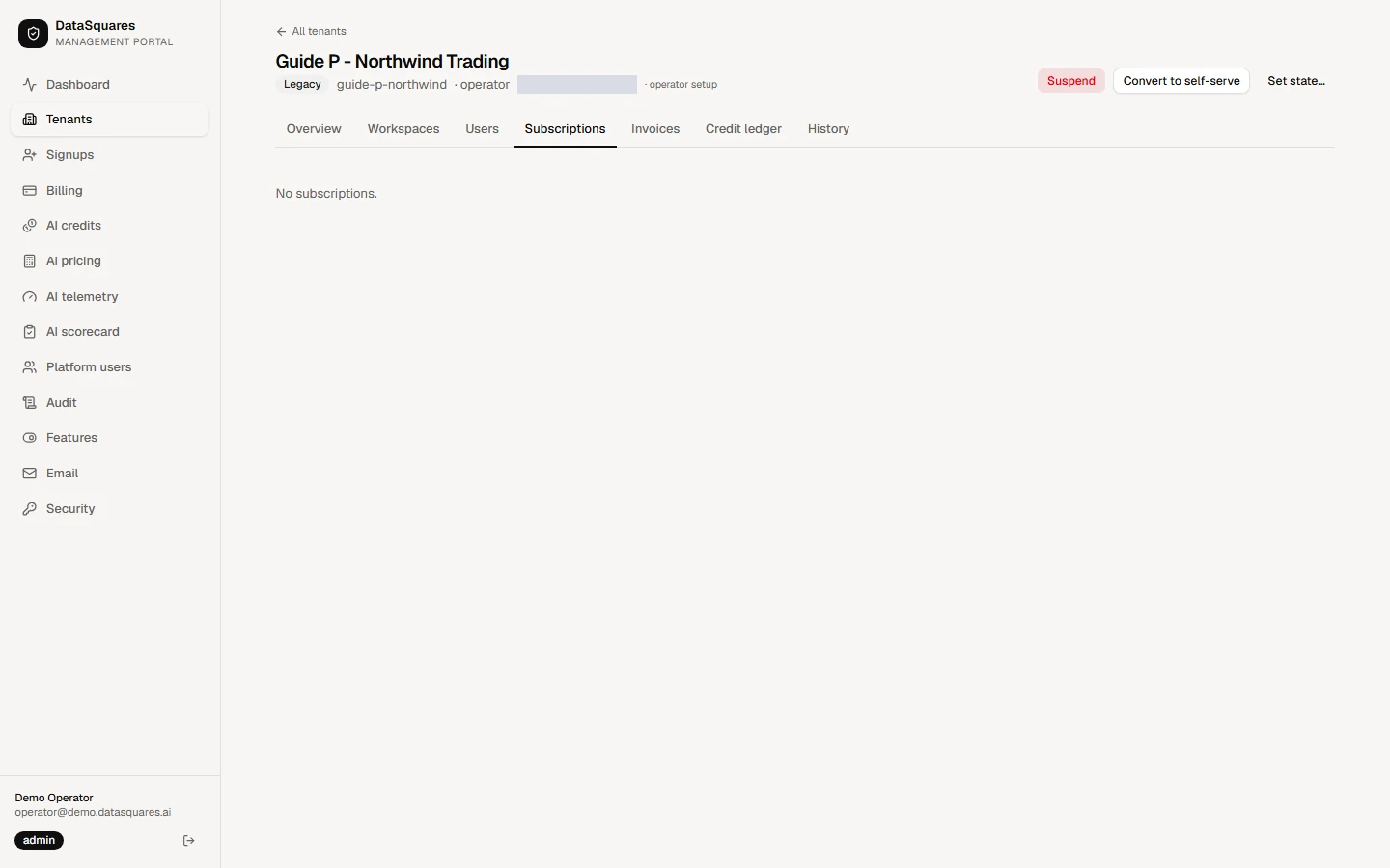 Subscriptions, Invoices and Credit ledger show what the tenant is paying for and how its AI credits have moved. A tenant on a manually granted plan has none of these yet.