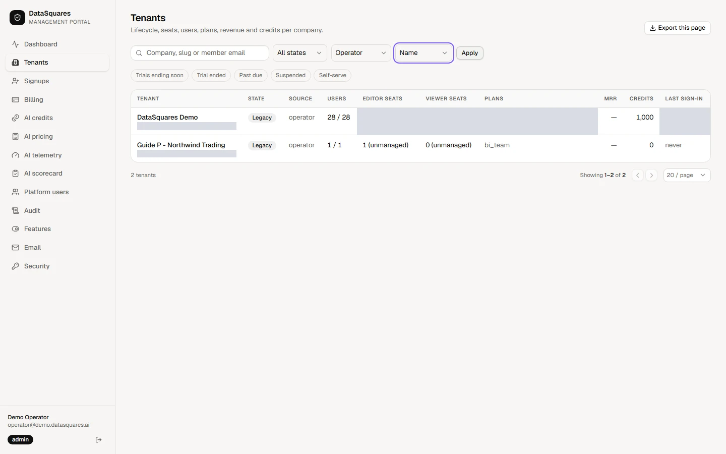 Use Sort to order by newest first, name, last sign-in, MRR or trial end. Choose Export this page to download the rows shown as a CSV file.