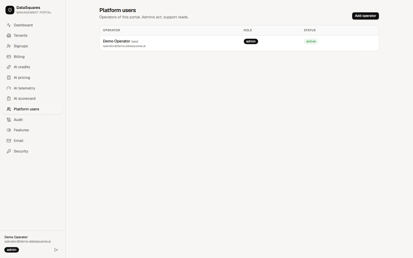 Choose Platform users in the sidebar. It lists everyone who can sign in to this portal, with their role and status. Admins can act; support operators can only read.
