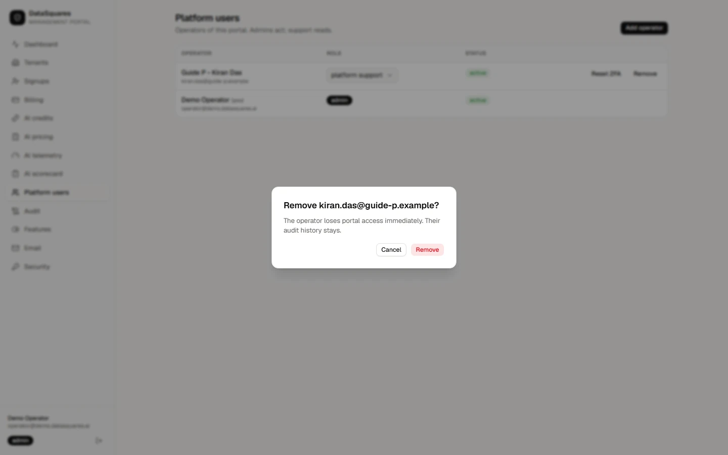 Remove takes portal access away immediately. Their audit history stays.