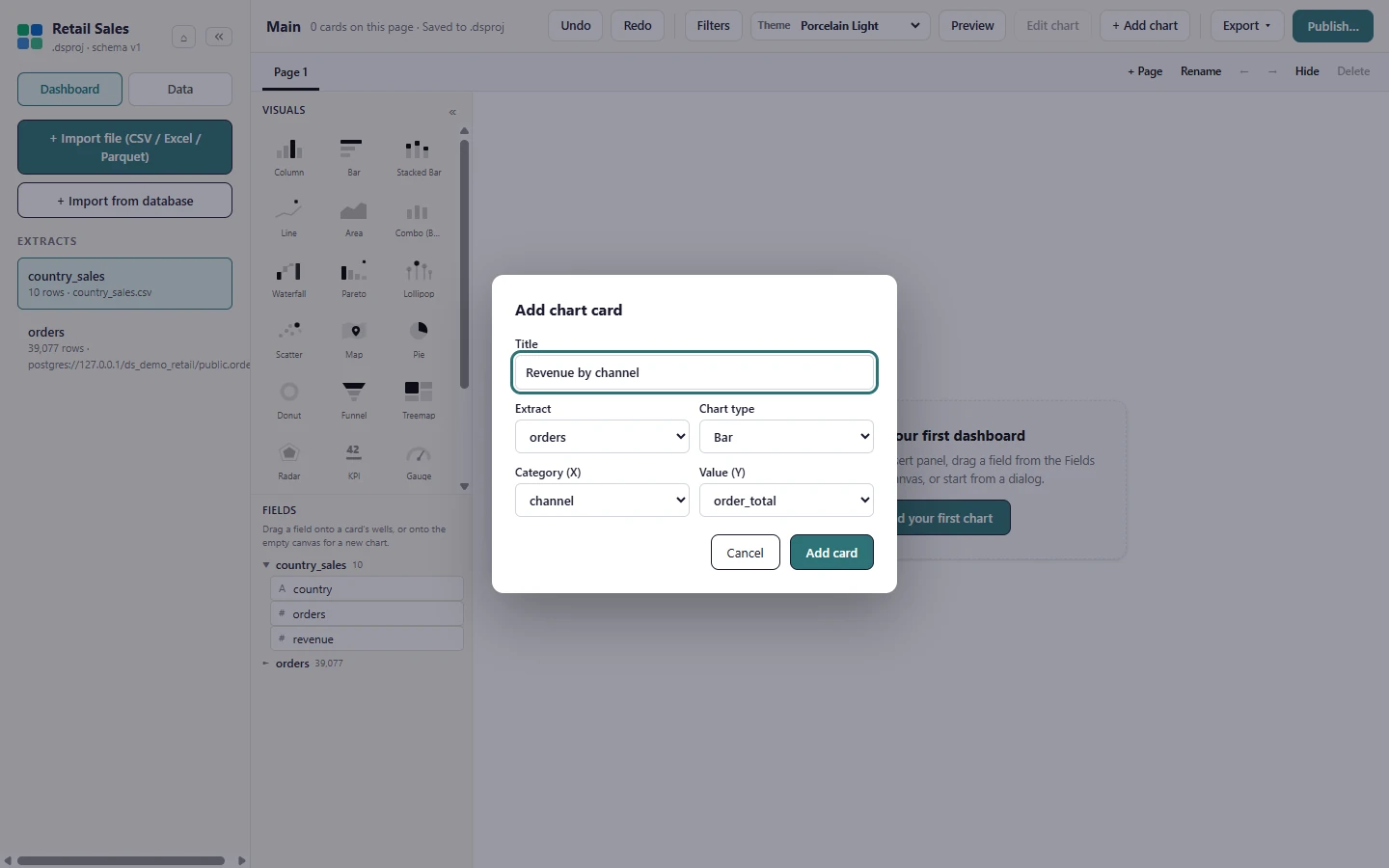 Give the chart a title and pick the extract, the Chart type, the category and the value, then select Add card.